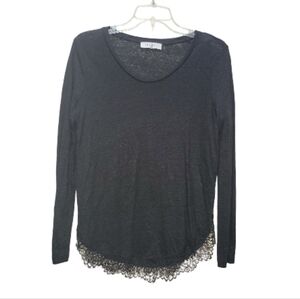Medium SANDRO Elegant Black Lace Hem and Trim Long Sleeve Women's Top